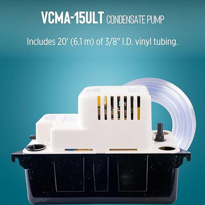 Little Giant VCMA-15ULT 115 Volt, 65 GPH, 1/50 HP Automatic Condensate Removal Pump with Tubing (no safety switch), Black/White, 554411 | 6' cord w/ plug, 20' Tubing, No safety switch, 1/50 HP, 15' shutoff, Automatic, 1/2 gal tank, For HVAC /dehumidifiers