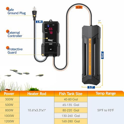 hygger 800W Aquarium Heater with Controller, Adjustable & Submersible Fish Tank Heater with Digital Display Safety Triple Protection Beeping Alarm for Saltwater and Freshwater 80-220 Gallon - size: 800W for 80-220 Gallon