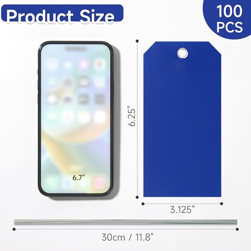 100 Pieces Plastic Shipping Tags with Wires Blank Labeling Tags Waterproof Hang Tags with Reinforcement Hole Durable Wire Tags Labels Stacking Tags for Equipment Parts (Dark Blue, 6 1/4" x 3 1/8") - color: Dark Blue, size: 6 1/4" x 3 1/8"
