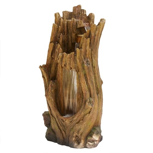 Alpine Corporation TZL338 Outdoor 3 Tier Waterfall Tree Trunk Floor Fountain with LED Lights for Patio, and Lawn Decor, 59 Inches Tall - style: 3-Tier 59" H - Cool White LEDs
