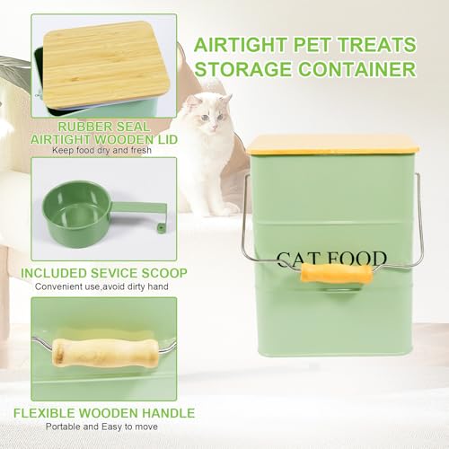 Cat Food storage container Cat Treats Jar,5~6 lb Metal food treats tin for Cat, pet snacks Canisters with wooden lid/handle/sevice scoop-Green - color: Cat-Green
