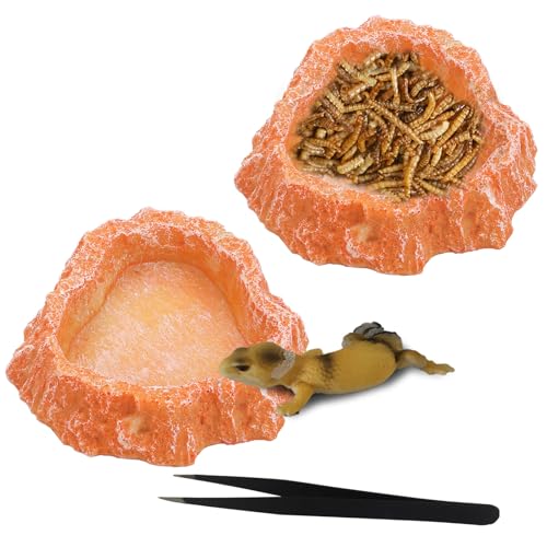 IBWell 2pcs Reptile Water Bowl with Feeding Tweezers - Food Dish for Lizard, Snake, Tortoise & Small Animals - Loess