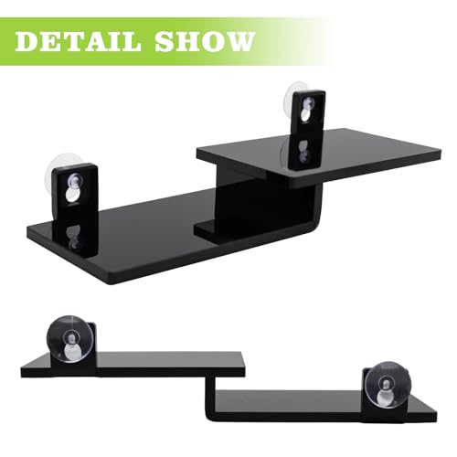Frog Basking Platform with Suction Cup, Black Acrylic Double Ledge Platform for Reptile, Tank and Aquarium Accessories for Small Animals Tree Frogs Crested Gecko Lizards Axolotl - 7.3 x 2.4 x 1 Inch
