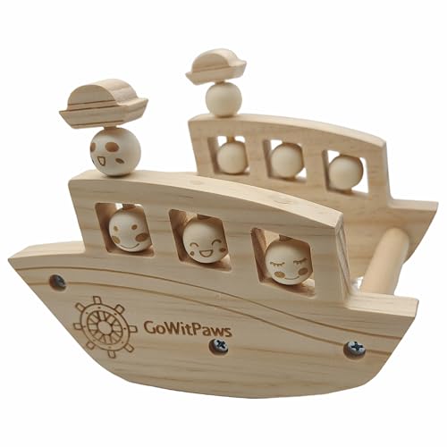 Natural Wooden Rocking Boat Perch Stand with Rotating Beads, Small & Medium Bird Playground Toy for Parakeets, Conure, Cockatiel, 7x5.5x5.3 Inch