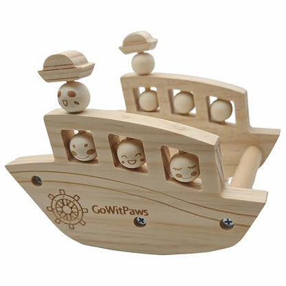 Natural Wooden Rocking Boat Perch Stand with Rotating Beads, Small & Medium Bird Playground Toy for Parakeets, Conure, Cockatiel, 7x5.5x5.3 Inch
