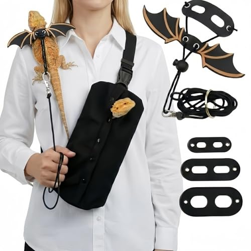 Bearded Dragon Carrier Sling & Bat Wing Leash Harness Set, Soft Flannel Reptile Travel Bag with 3 Size Chest Pads, Adjustable Outdoor Walking Accessories for Lizards Geckos (Black) - color: Black