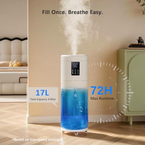 Humidifiers for Large Room Home Bedroom 2000 sq.ft. 17L/4.5Gal Large Humidifier with Extension Tube & 4 Speed Mist,Top Fill Wholehouse Humidifier with 360°Nozzle for Plant Office Commercial Greenhouse - color: White