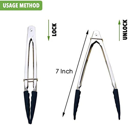 HINMAY Mini Tongs with Silicone Tips 7-Inch Kitchen Tongs, Set of 3 (Black) - color: Black