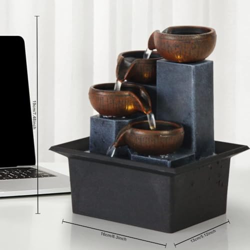 Indoor Desktop Fountain 4-Tier Desktop Fountain with Warm LED Lights & 3-Speed Adjustable Pump - Ideal for Bedrooms, Offices & Home Décor