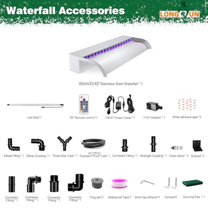 Waterfall Pool Fountain, LONGRUN Stainless Steel Waterfall Spillway for Pools and Ponds - 23.6" Wide Decorative Water Feature for Swimming Pools, Koi Ponds, and Garden - size: 23.6"Stainless Steel(Curved)