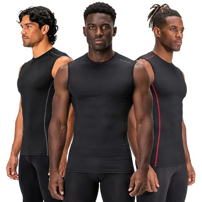 DEVOPS 3 Pack Men's Compression Shirts Sleeveless Tank Top Baselayer | Gym Training, Running, Moisture Wicking, Compression Fit, 4-Way Stretch, UPF 50+, Sleeveless - color: 1# (3 Pack) Black / Black(gray) / Black(red), size: Large