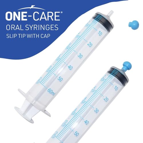 ONE-CARE 60ml Oral Syringe with Cap, Slip Tip Liquid Dispensers, 25/Box | Individually Wrapped, Food-Grade Plastic, Accurate Graduation for Precise Liquid Dosing, Oral Feed - Infants, Adults & Pets - size: 60ml