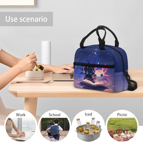 Axolotl Kids Lunch Bag Girls Reptiles Lunch Box Outdoor Book Insulated Lunch Tote Bag Portable Lunch Containers Travel Camping Lunchbag with Shoulder Straps Galaxy Lunch Boxes - color: Axolotl Book Galaxy