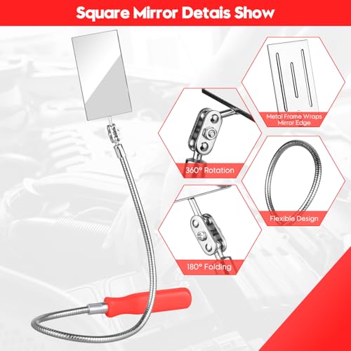 Telescoping & Bendable Inspection Mirror – Round & Square Heads, Black/Orange | 360° Swivel Neck, Telescoping & Bendable Handles, Metal & Glass Build, for Dead Angles & Tight Spots - color: Red/Black