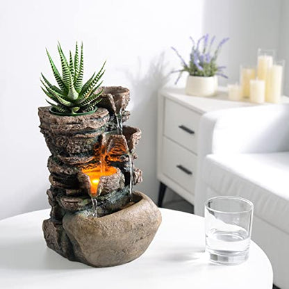 Haobos Indoor Fountain 4-Bowl Rockery Soothing Sound Tabletop Fountains Home/Office Decor with a Small Plastic Pot to Grow The Plant by Yourself(Automatic Watering)