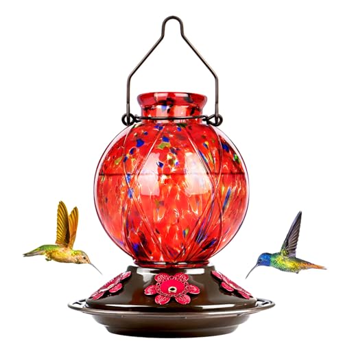 Glass Hummingbird Feeders for Outdoors Hanging, Hand Blown, Red | With Ant-Moat, 20oz, 5 Bee-Proof Ports, 360° Perch, Leak-Proof, Meshy Texture Ball Shape, Gifts for Women Men Mom Dad - color: Rising Red
