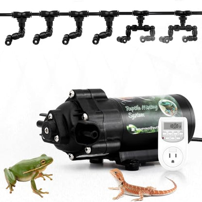 LANUEVA Reptile Humidifier Quieter Mister with 6 Nozzles (with Timer) | Mister Fogger for Terrarium with 4 Single Misting Nozzle+2 Double Nozzle, Automatic Spray System for Chameleon, Lizard, Snake - size: Pump with Outlet Timer