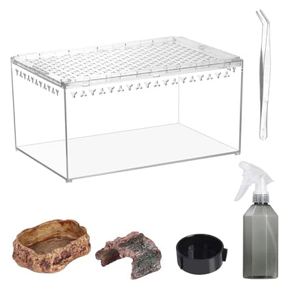 Tarantula Enclosure Spider Terrarium Hermit Crab Tank Starter Kit | Large Escape Proof PC Reptile Habitat 11.8" x 7.87" x 5.9" Full View for Isopods Bug Insect Frog Gecko Snails - size: L-Starter Kit