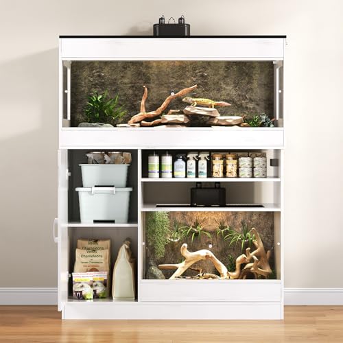 Dual Reptile Tank with Stand 120 Gallon & 60 Gallon Terrarium | Reptile Enclosure with Power Outlet for Bearded Dragons Snakes Lizards Chameleon Gecko Sliding Acrylic Doors Mesh CAGE004E - color: Vintage White, size: 120 gallon+60 gallon