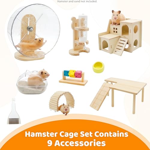 9 Pcs Hamster Cage Accessories, Silent Hamster Wheel, Wooden House and Platform, Wooden Fence, Water Bottle Set, Ceramic Food Bowl, Bath Sand Container, Mini Cleaner for Rat Mice Small Animals Habitat