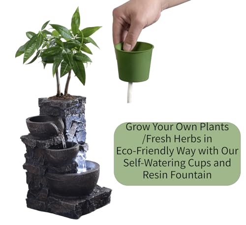 MAOCHI Indoor Tabletop Water Fountain with Planter Pot, Small Desk Waterfall with Cool LED Lights, Zen Decor for Office, Home & Bedroom, Calming Meditation Relaxation Gifts for Plant Lovers