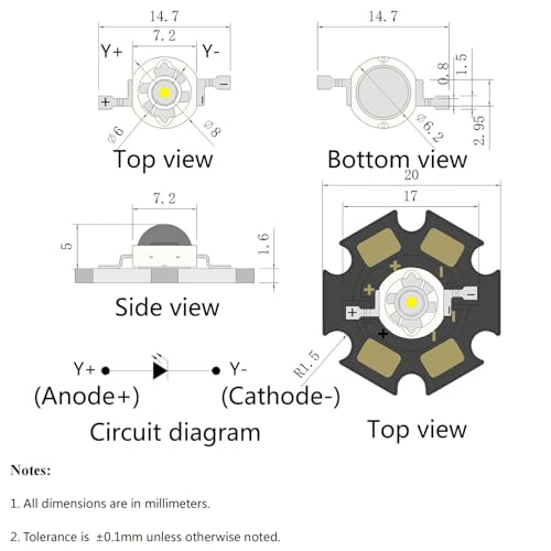 2W Yellow LED Chip,5PCS High Power COB Light Beads with Aluminum Plate 20mm Star PCB Base Heat Sink,for Repairing Lamps, DIY Lighting (700mA,2.2-2.6V,140deg,590-595nm) - color: Yellow
