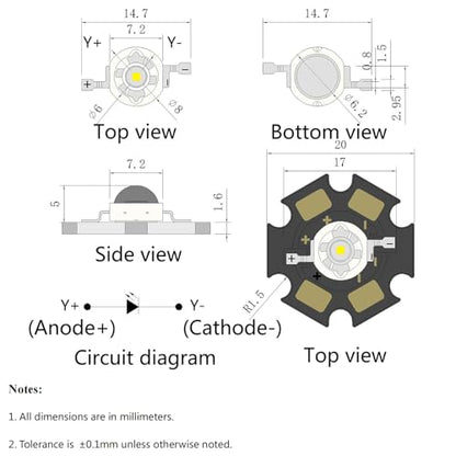 2W Yellow LED Chip,5PCS High Power COB Light Beads with Aluminum Plate 20mm Star PCB Base Heat Sink,for Repairing Lamps, DIY Lighting (700mA,2.2-2.6V,140deg,590-595nm) - color: Yellow