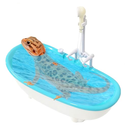 Small Bearded Dragon Pool with Water Fountain, Reptile Bath Tub | Gentle circulating water flow with rainfall faucet, compact reptile bath tub for bearded dragons, geckos, and small reptiles