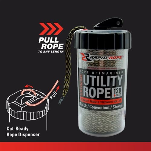 Rapid Rope Canister, 120ft Camo Tactical Paracord, 1100lb Test, USA Made | Heavy Duty Poly Rope Test Cord, Non-Tangle Dispenser Included, For Hiking, Camping, Survival, Utility, Stocking Stuffer, Gift - size: 120ft, style: Camo