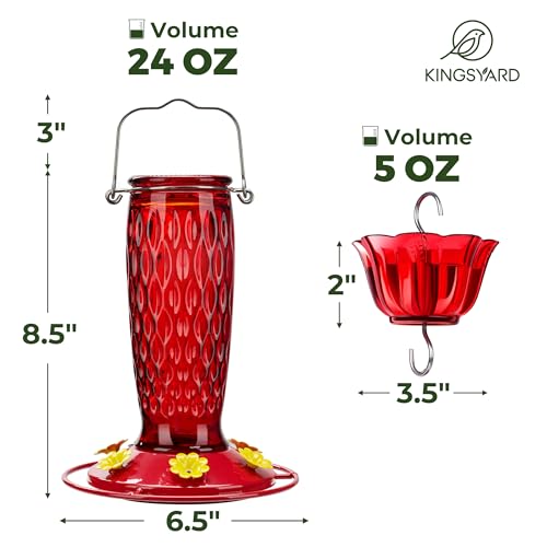 Kingsyard Glass Hummingbird Feeder for Outdoors with Ant Moat | 24 oz, Wide-Mouth Opening, 6 Metal Feeding Ports, Bee Guard, Easy to Clean & Refill Nectar, 360 Degree Perch, Red - color: Red