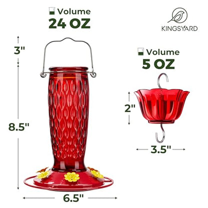 Kingsyard Glass Hummingbird Feeder for Outdoors with Ant Moat | 24 oz, Wide-Mouth Opening, 6 Metal Feeding Ports, Bee Guard, Easy to Clean & Refill Nectar, 360 Degree Perch, Red - color: Red