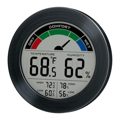 Digital Hygrometer Indoor Thermometer Humidity Meter Room Temperature Humidity Monitor, Metal Frame with Brushed Stainless Finish, DM9442 (Black Stainless) - color: Black Stainless