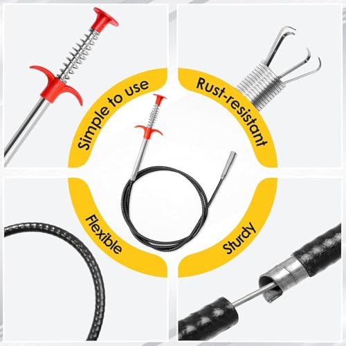 61-Inch Flexible Drain Snake with 4-Claw Grabber for Sink, Shower & Tub | Balanced Reach • Flexible Coated Shaft • Secure 4-Claw Grip • Pulls Hair, Food Debris And Small Items From Curved Pipes - style: 61 IN