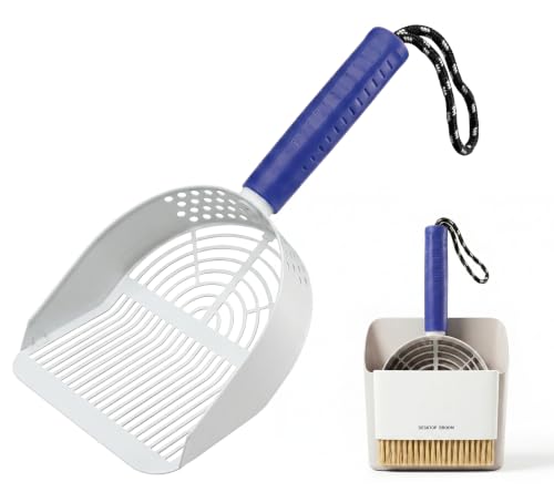 Cat Litter Scoop with Holder, 3 in 1 Metal Kitty Scooper | Heavy Duty Deep Litter Sifter with Dustpan & Mini Broom, Dual Coarse & Fine Grid, Quick Sift, Universal for All Cat Litter - color: Dark Blue, size: Large