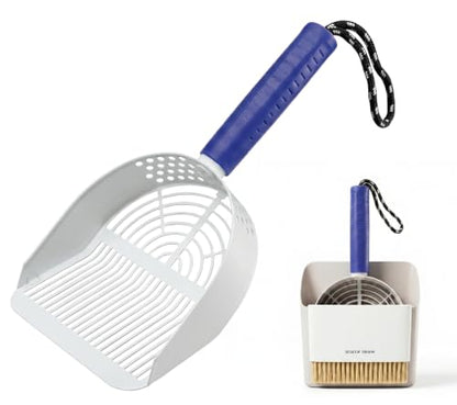 Cat Litter Scoop with Holder, 3 in 1 Metal Kitty Scooper | Heavy Duty Deep Litter Sifter with Dustpan & Mini Broom, Dual Coarse & Fine Grid, Quick Sift, Universal for All Cat Litter - color: Dark Blue, size: Large
