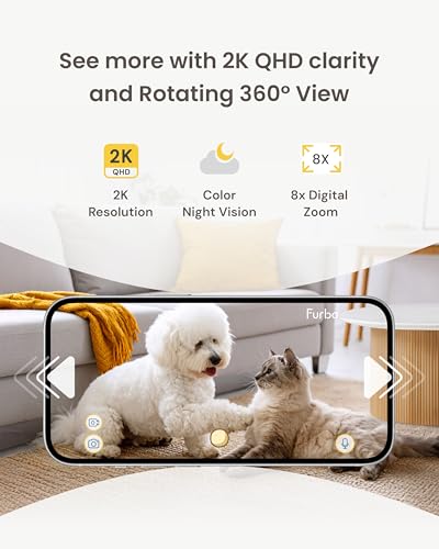 Furbo Mini 360° Pet Camera [No Monthly Fee] | Clear 2K QHD Video, 360° Rotating View, Barking/Meowing Alerts, 2-Way Audio, Color Night Vision, Pet Monitoring, No AI Alerts - style: Mini 360° Camera