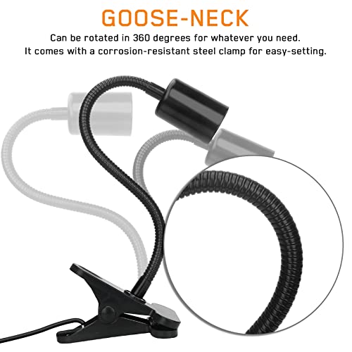 Timed Reptile Heat Lamp with Clamp, Adjustable UVA/UVB Basking Light, 360° Rotatable Clip and Power Adapter for Aquarium (Bulb Included) - color: Black