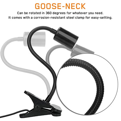 Timed Reptile Heat Lamp with Clamp, Adjustable UVA/UVB Basking Light, 360° Rotatable Clip and Power Adapter for Aquarium (Bulb Included) - color: Black