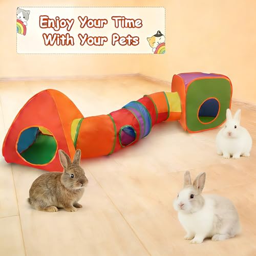 YUEPET Rabbit Tunnel & Cube Tent, Bunny Hideout, Guinea Pig Tunnel, Rainbow | Foldable 3-in-1 Set, Bunny Tunnel, Crinkle Fabric, Play Ball Included, Configurable Shapes, Rainbow Design - color: Rainbow