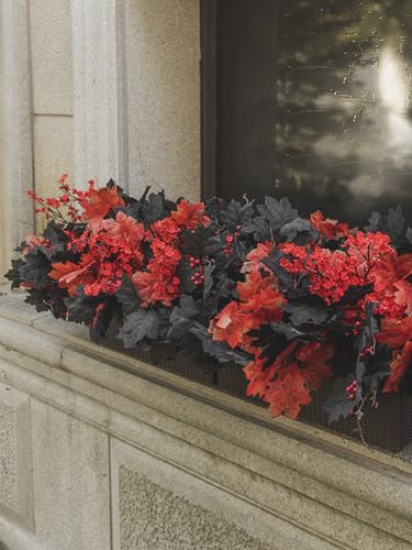 16pcs Fake Plants Outdoor, Halloween Maple Leaves Branch, Autumn Artificial Plants with Black Maple Leaves, Faux Leaves Spray for Halloween Thanksgiving Home Deocr - color: Halloween Black and Red