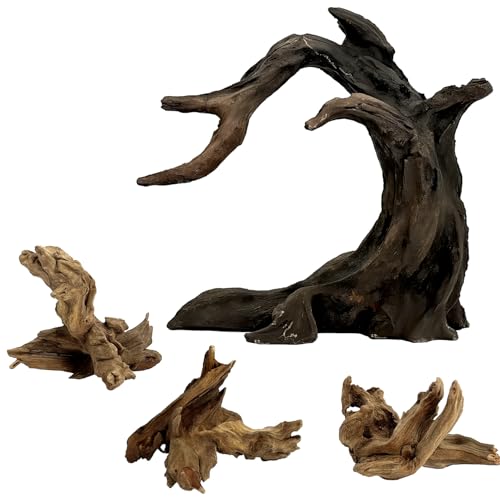 Aquarium Driftwood Decor Set - 1 Anubias Resin Model & 3Pcs Small Natural Driftwood 2-4 inch for Aquascaping, Fish Tank Landscape Design