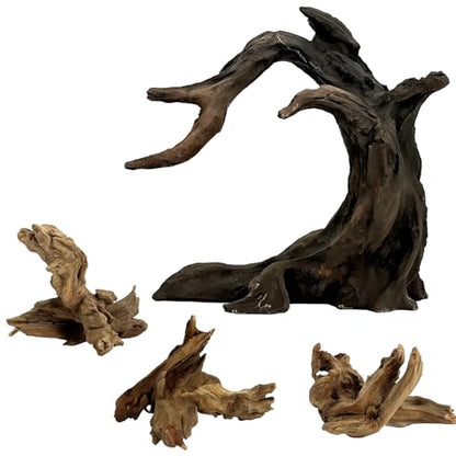 Aquarium Driftwood Decor Set - 1 Anubias Resin Model & 3Pcs Small Natural Driftwood 2-4 inch for Aquascaping, Fish Tank Landscape Design