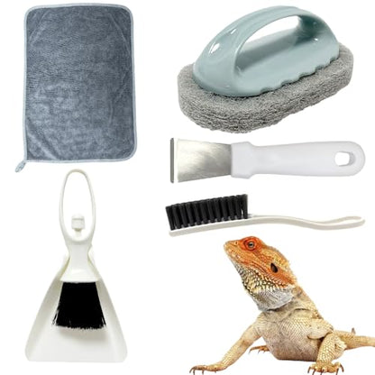 Bearded Dragon Tank Cleaning Kit – Reptile Enclosure Tool Set with Mini Dustpan, Brush, Scraper & Cleaning Cloth for Lizard & Gecko Terrarium Maintenance