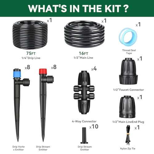 Drip Irrigation System for Garden, 2026-Upgraded Quick Connect Garden Watering Kit All-in-One with 1/2 inch 1/4 inch Irrigation Tubing for Garden, Lawn, Greenhouse, Raised Beds (91FT) - size: 16FT Main tube+75FT 1/4" tube