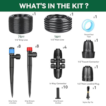 Drip Irrigation System for Garden, 2026-Upgraded Quick Connect Garden Watering Kit All-in-One with 1/2 inch 1/4 inch Irrigation Tubing for Garden, Lawn, Greenhouse, Raised Beds (91FT) - size: 16FT Main tube+75FT 1/4" tube