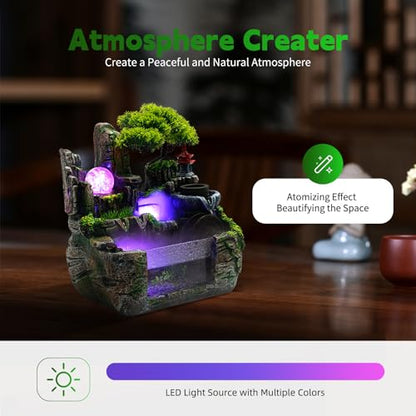 Indoor Rockery Fountain Goldfish Tabetop Waterfall with Atomizer & LED Light,Feng Shui Desktop Water Fountain Decoration,Perfect for Office, Home, Bedroom Desk