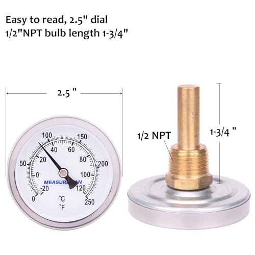 MEASUREMAN Hot Water Bi-Metal Thermometer, 2-1/2" Dial, 1-3/4" Lead-Free Brass Stem, Range 0-250 deg F/-20-120 deg C, 2% Accuracy, Adjustable, 1/2" NPT Back Mount（2 Pack - size: 0-250 deg F/-20-120 deg C, style: 1-3/4" Stem 2pc