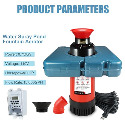 Goldlife Pond Fountain Aerator F1 1HP 750W 15000GPH Floating Fountains Pump | 110V, Red Auto Powerful Aerating Fountain Pump For Small/Large Pond Lake, Eye-Catching Water Spary, Boosts Oxygen - color: Red a
