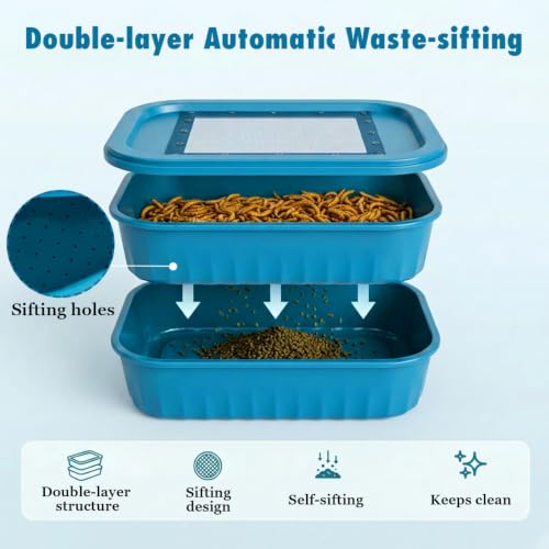 Mealworm Breeding Box, Reptile Feeder Keeper with Vented Lid for Reptiles | Dual-Layer Automatic Waste Filter Design, Large Capacity, Breathable Escape-Proof Lid