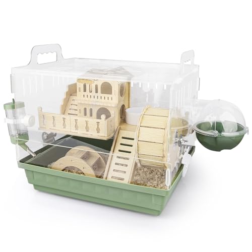 Cycodo 8 in 1 Acrylic Hamster Cage,2-Tier Dwarf Hamster Cage with Wooden Wheel & Hideout,Small Hamster Habitat with Accessories,Clear Pet Mice House(Green,14" L*10" W*11" H) - color: Green
